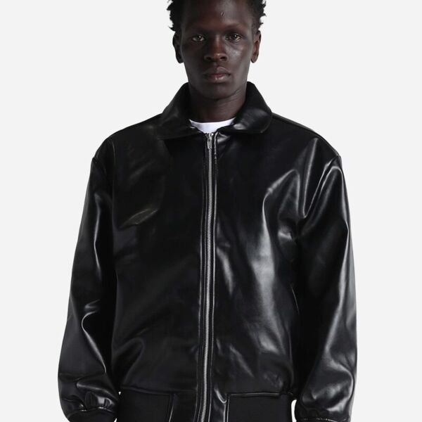 Unisex PU Leather Collared Varsity Jacket Miniaturansicht